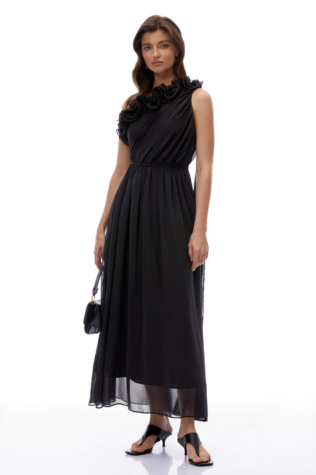 Chiara Maxi Dress Black One Shoulder Ruched