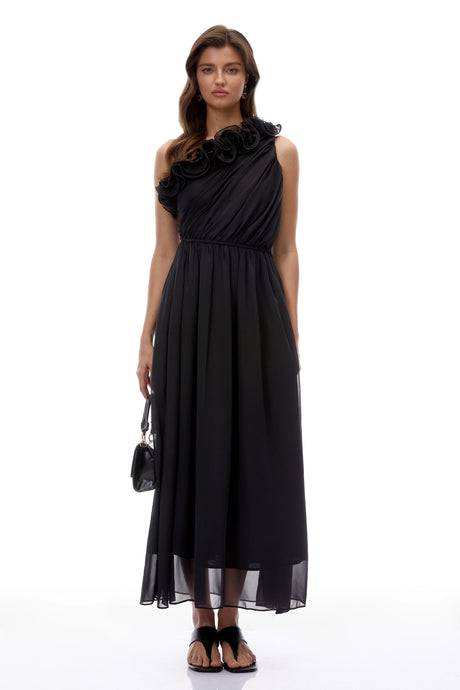 Chiara Maxi Dress Black One Shoulder Ruched