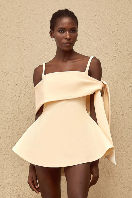 Sofia Mini Dress Cream White Self Tie Flared
