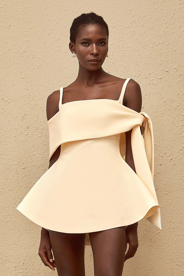 Garance Cream White Self Tie Flared Mini Dress