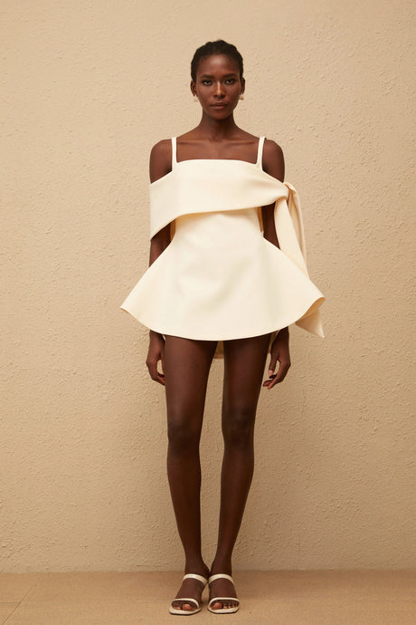Sofia Mini Dress Cream White Self Tie Flared