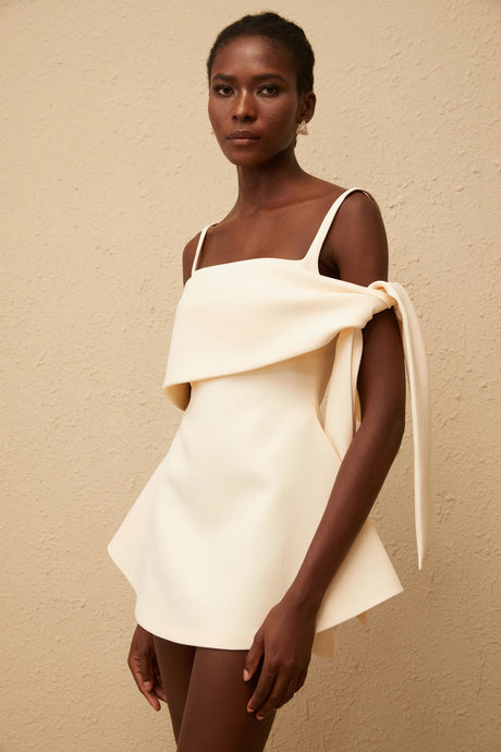 Sofia Mini Dress Cream White Self Tie Flared