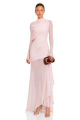 Garance Pink Asymmetrical Ruched Mesh Maxi Dress