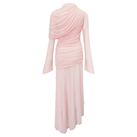 Piera Maxi Dress Pink Asymmetrical Ruched Mesh