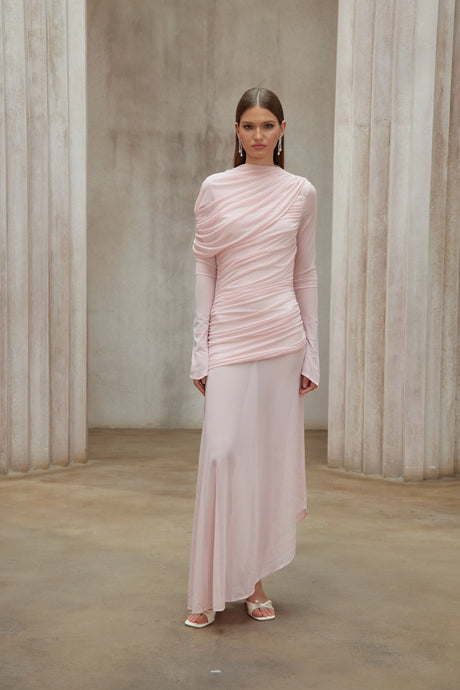 Lavinia Maxi Dress Pink Asymmetrical Ruched Mesh
