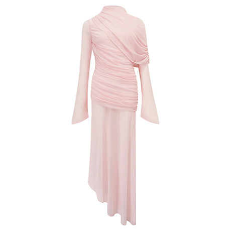 Piera Maxi Dress Pink Asymmetrical Ruched Mesh