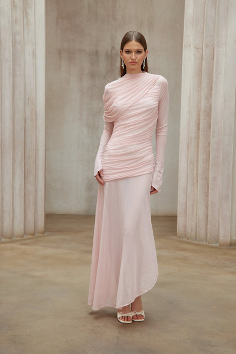 Piera Maxi Dress Pink Asymmetrical Ruched Mesh