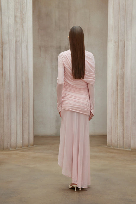 Lavinia Maxi Dress Pink Asymmetrical Ruched Mesh
