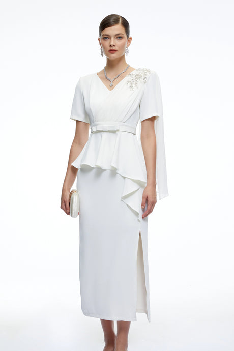 Gianna Midi Dress White Belted with Cape Sleeves