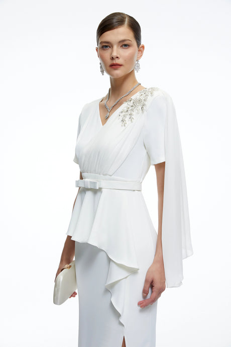 Gianna Midi Dress White Belted with Cape Sleeves