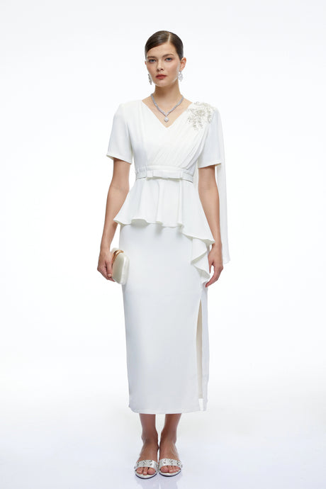 Gianna Midi Dress White Belted with Cape Sleeves