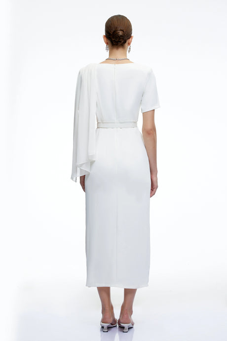 Gianna Midi Dress White Belted with Cape Sleeves