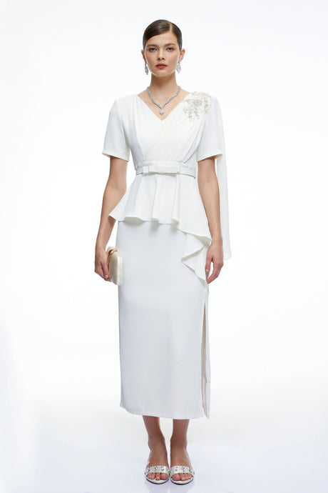 Gianna Midi Dress White Belted with Cape Sleeves