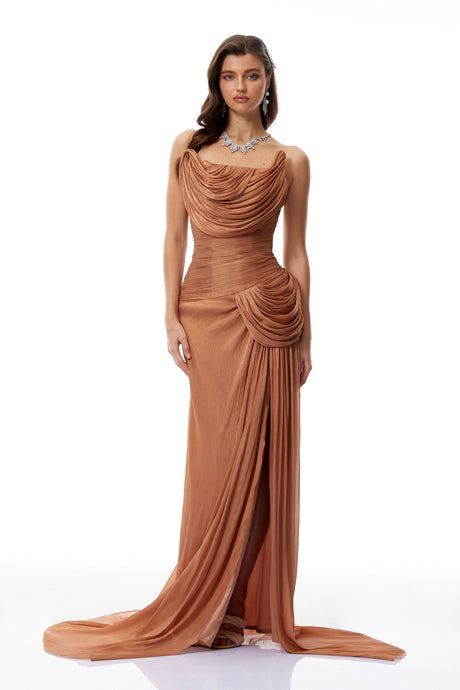 Emilia Maxi Dress Gold Asymmetrical Glossy Gathered