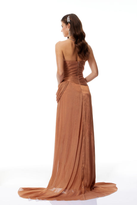 Emilia Maxi Dress Gold Asymmetrical Glossy Gathered