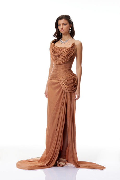 Emilia Maxi Dress Gold Asymmetrical Glossy Gathered
