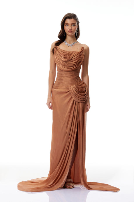 Emilia Maxi Dress Gold Asymmetrical Glossy Gathered
