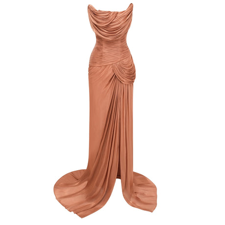 Emilia Maxi Dress Gold Asymmetrical Glossy Gathered