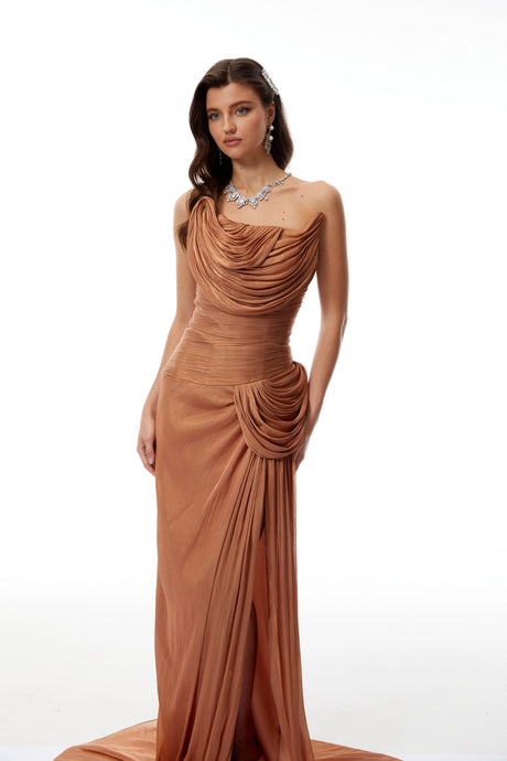 Emilia Maxi Dress Gold Asymmetrical Glossy Gathered