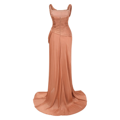 Emilia Maxi Dress Gold Asymmetrical Glossy Gathered