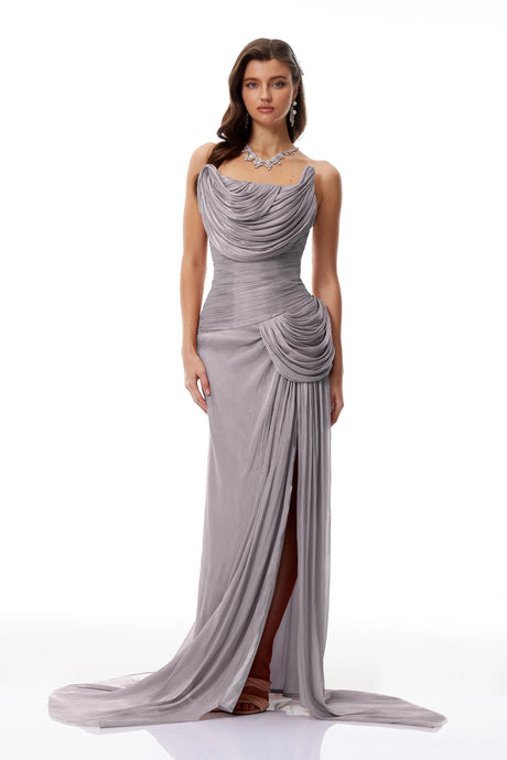 Elena Maxi Dress Grey Asymmetrical Glossy Gathered
