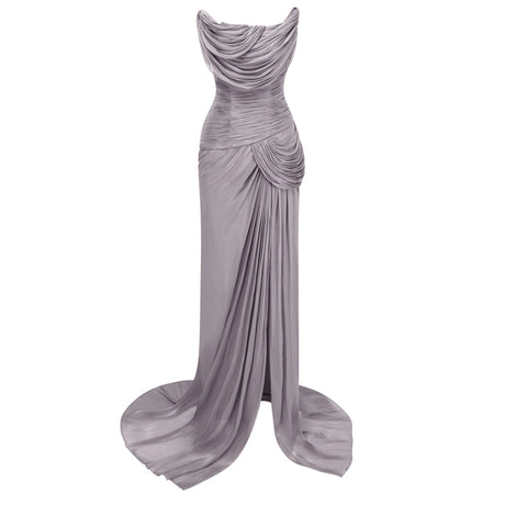 Elena Maxi Dress Grey Asymmetrical Glossy Gathered
