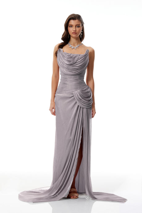 Elena Maxi Dress Grey Asymmetrical Glossy Gathered