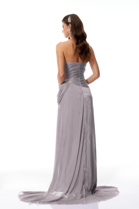 Elena Maxi Dress Grey Asymmetrical Glossy Gathered