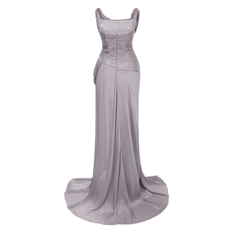 Elena Maxi Dress Grey Asymmetrical Glossy Gathered