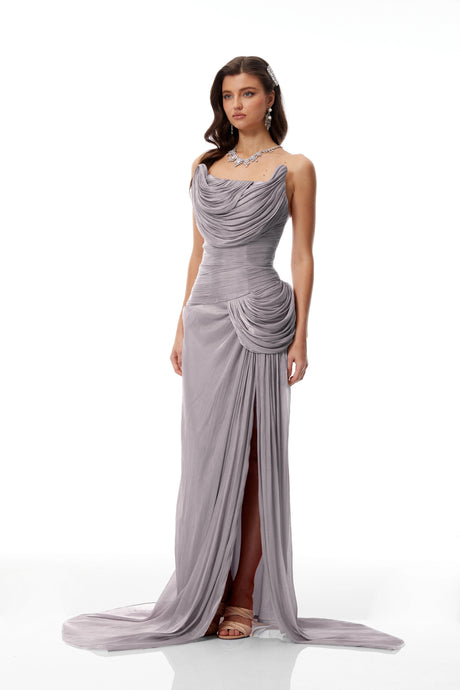 Elena Maxi Dress Grey Asymmetrical Glossy Gathered