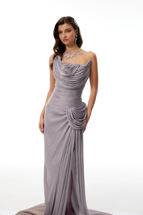 Elena Maxi Dress Grey Asymmetrical Glossy Gathered