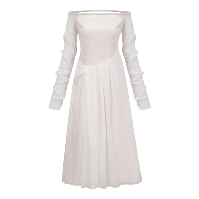 Gelsomina White Gathered Crepe Midi Dress