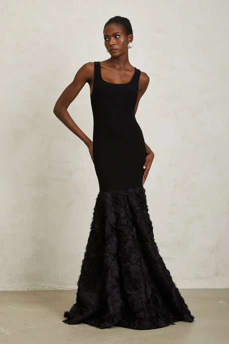 Taylor Maxi Dress Black 3D Petal Panel Mermaid