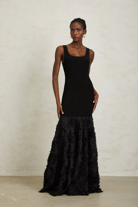 Taylor Maxi Dress Black 3D Petal Panel Mermaid