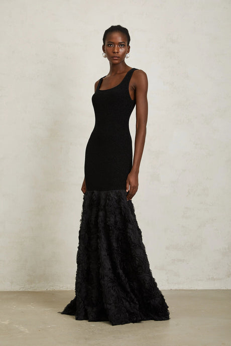 Taylor Maxi Dress Black 3D Petal Panel Mermaid