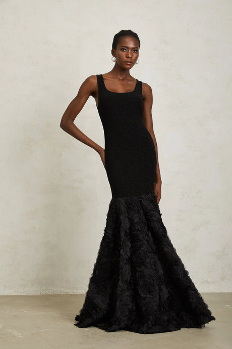 Taylor Maxi Dress Black 3D Petal Panel Mermaid