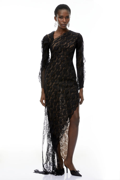 Renata Maxi Dress Black Floral Lace Asymmetrical