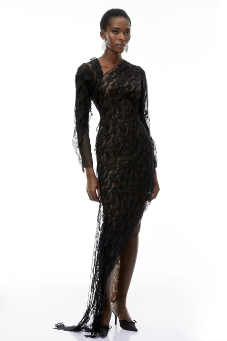Renata Maxi Dress Black Floral Lace Asymmetrical