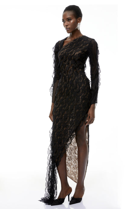 Renata Maxi Dress Black Floral Lace Asymmetrical