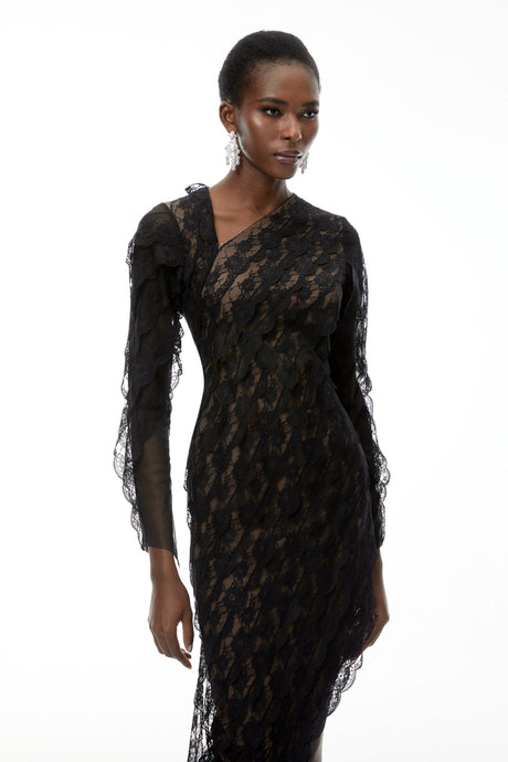 Renata Maxi Dress Black Floral Lace Asymmetrical