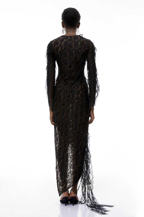 Renata Maxi Dress Black Floral Lace Asymmetrical