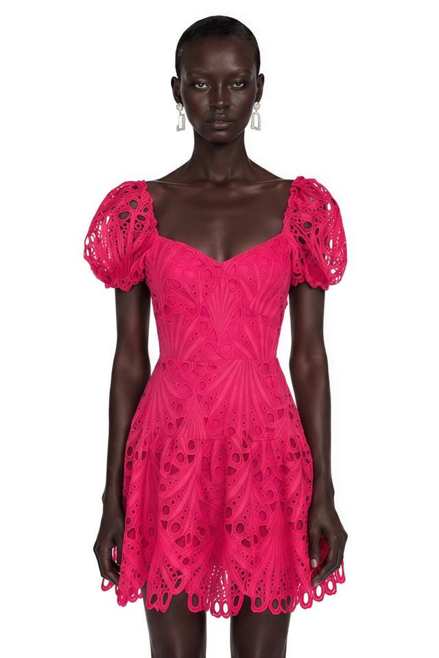 Gemma Pink Eyelet Lace Puff Sleeves Mini Dress