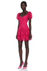 Gemma Pink Eyelet Lace Puff Sleeves Mini Dress
