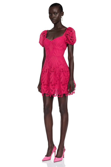 Rosaura Mini Dress Pink Eyelet Lace Puff Sleeves