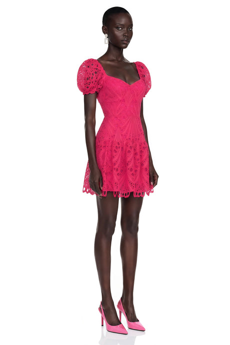 Rosaura Mini Dress Pink Eyelet Lace Puff Sleeves