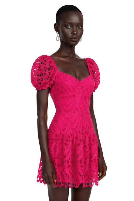 Rosaura Mini Dress Pink Eyelet Lace Puff Sleeves