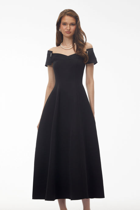 Cherish Midi Dress Black Off Shoulder Fitted
