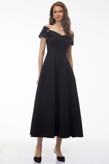 Cherish Midi Dress Black Off Shoulder Fitted