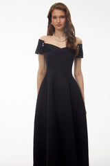 Genevieve Black Off Shoulder Fitted Midi Dress