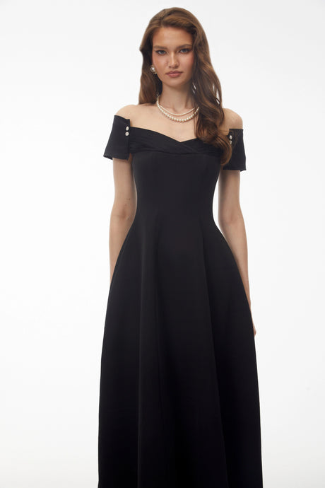 Cherish Midi Dress Black Off Shoulder Fitted